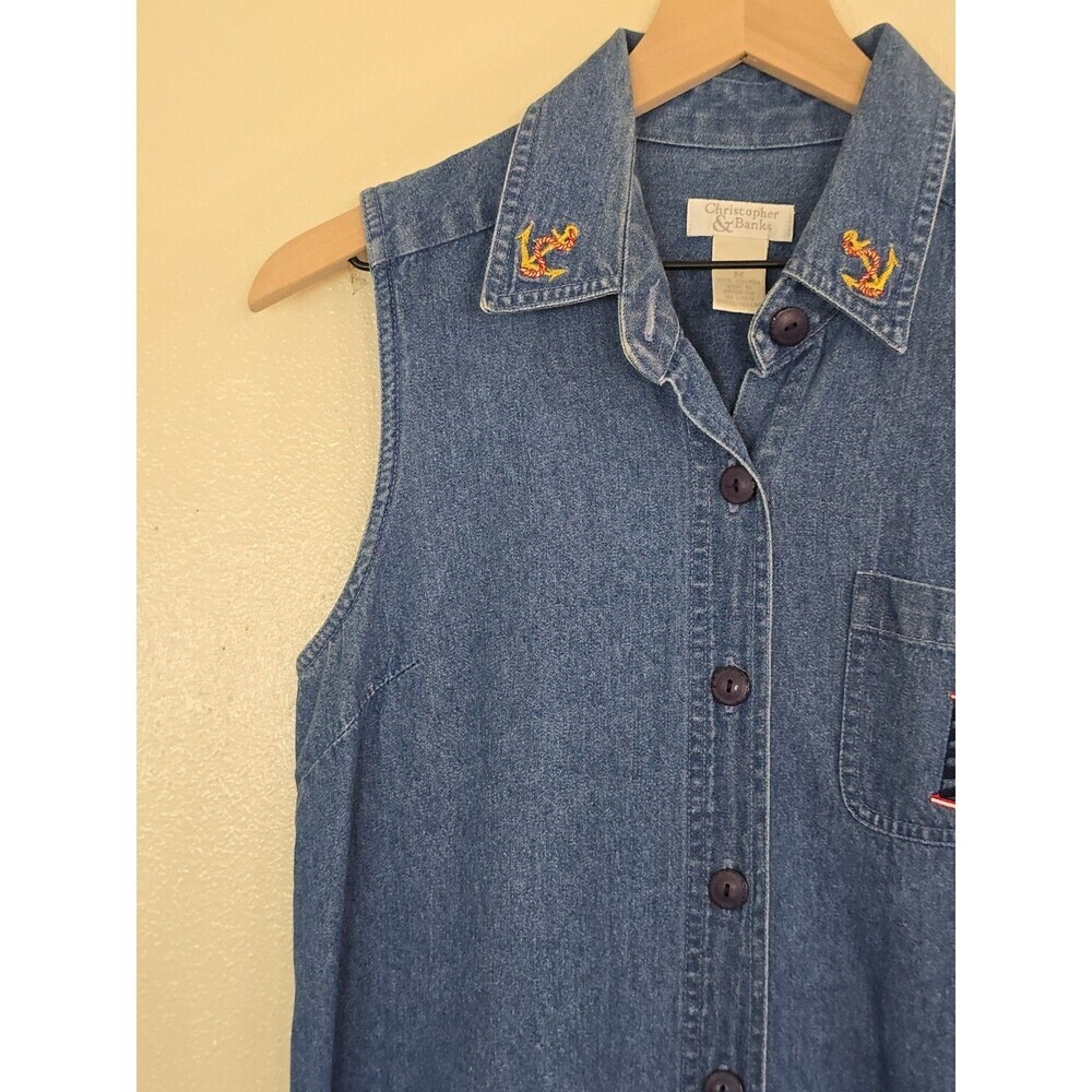 Vintage Christopher & Banks Denim Maxi Dress M Nautical Embroidered Button Front - Picture 4 of 9